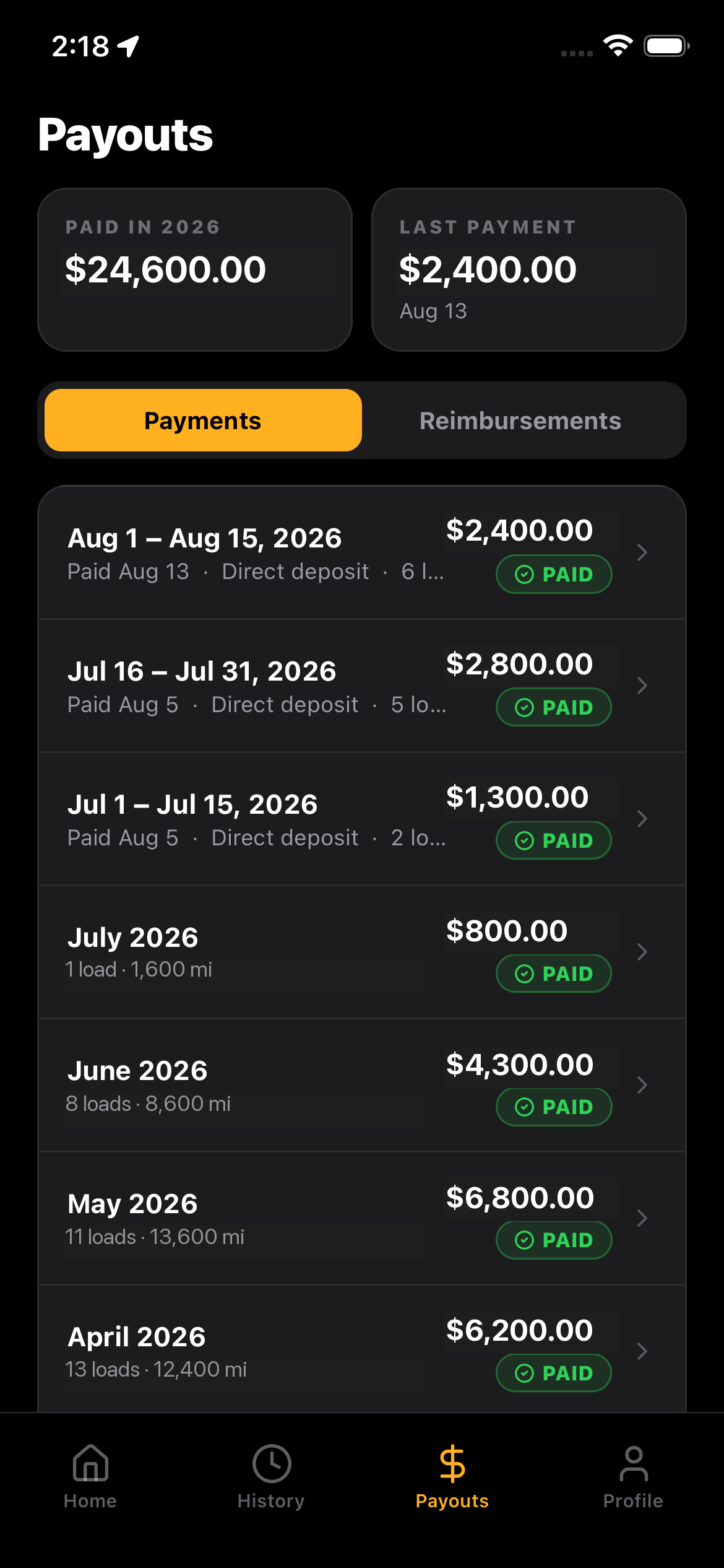 HaulBook Driver payment history and reimbursements