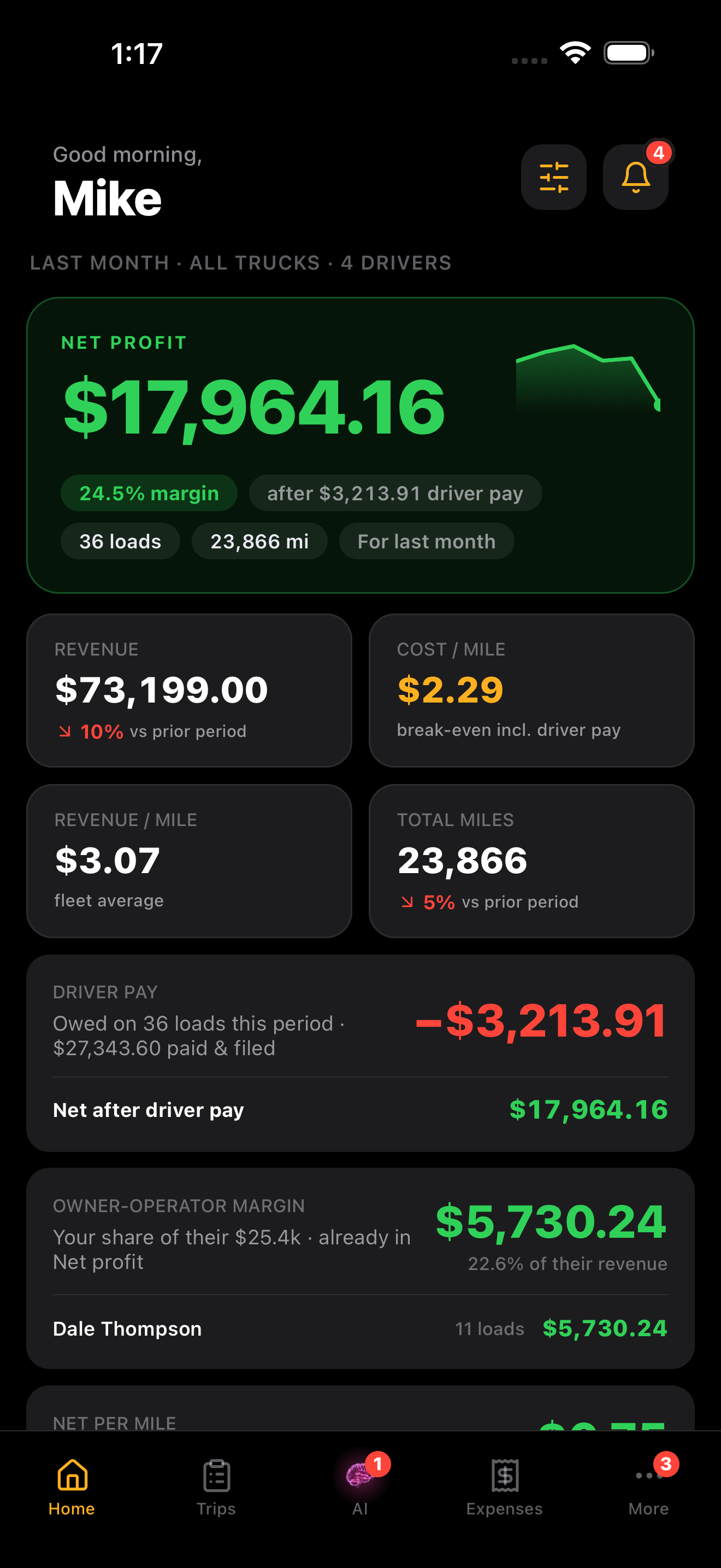 HaulBook profit dashboard