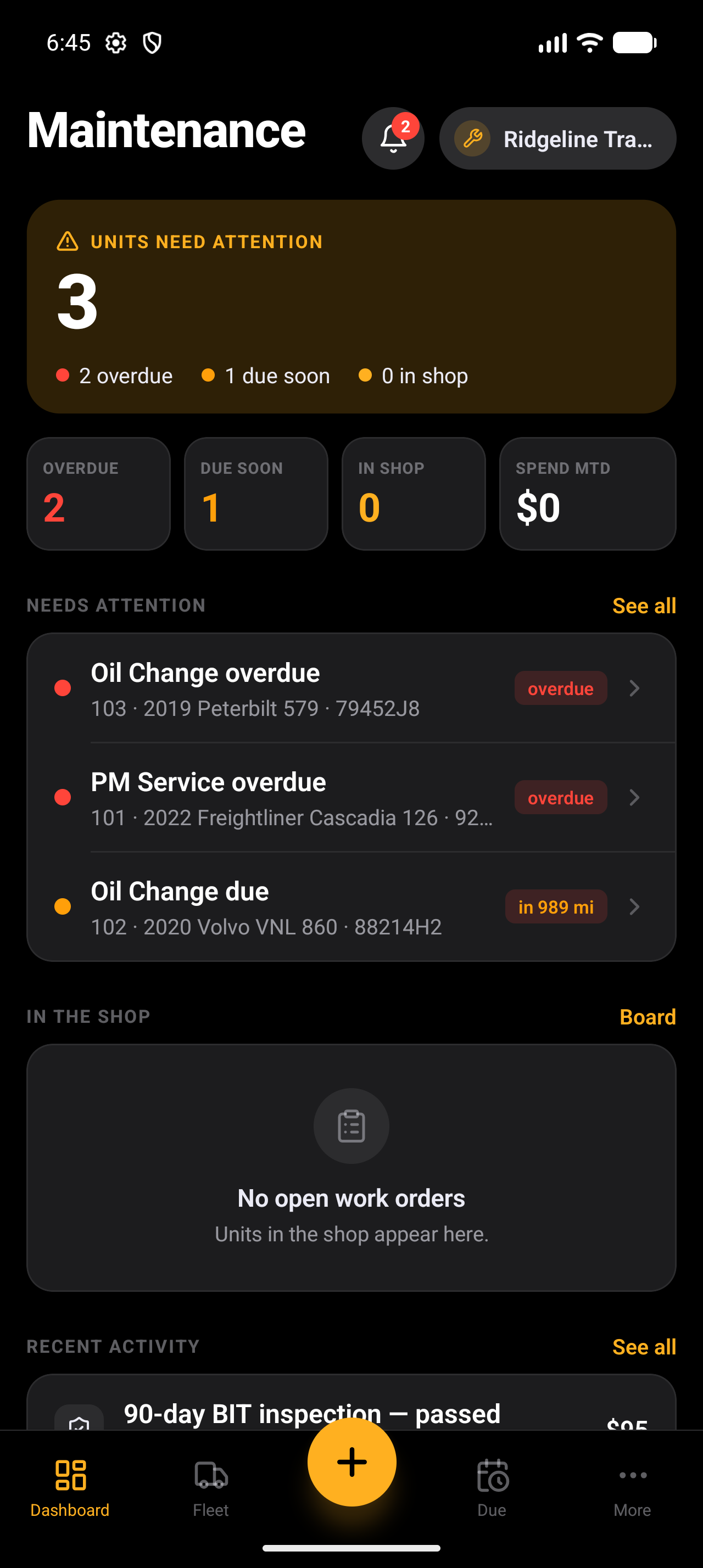 HaulBook Maintenance fleet health
