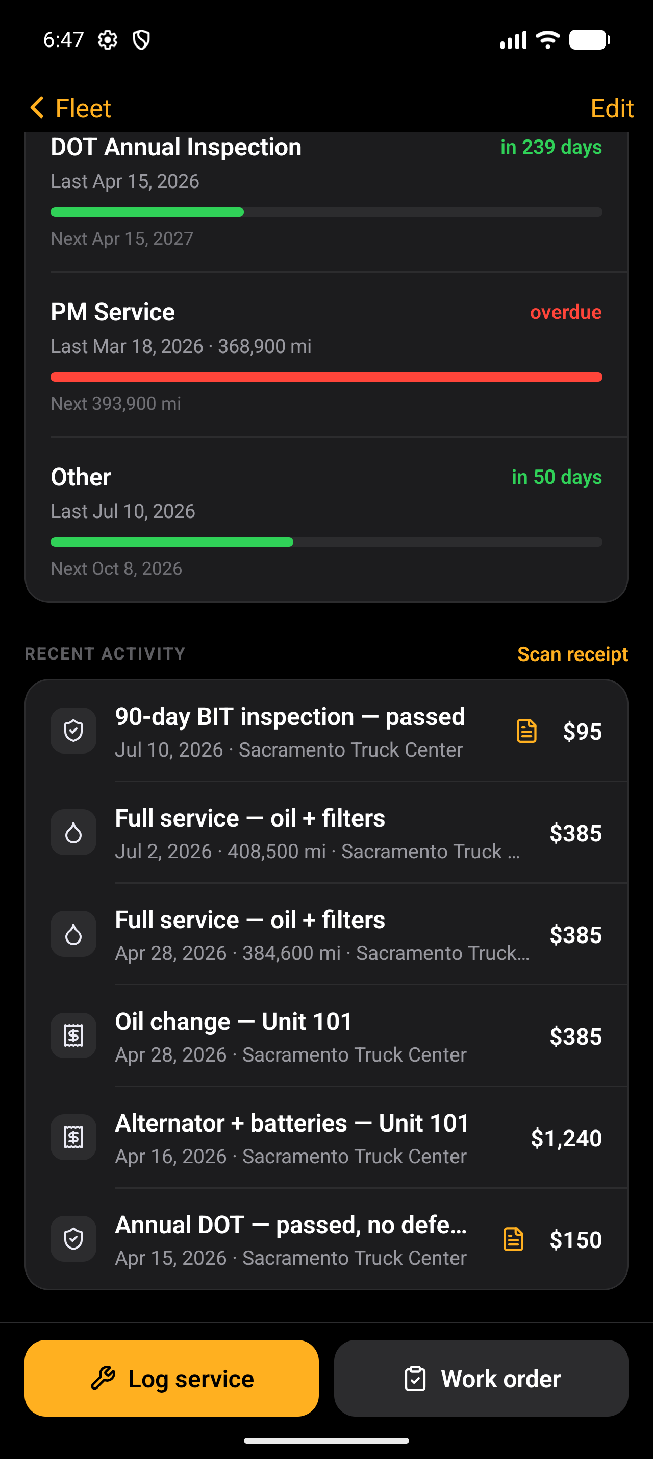 Maintenance service history and work order actions